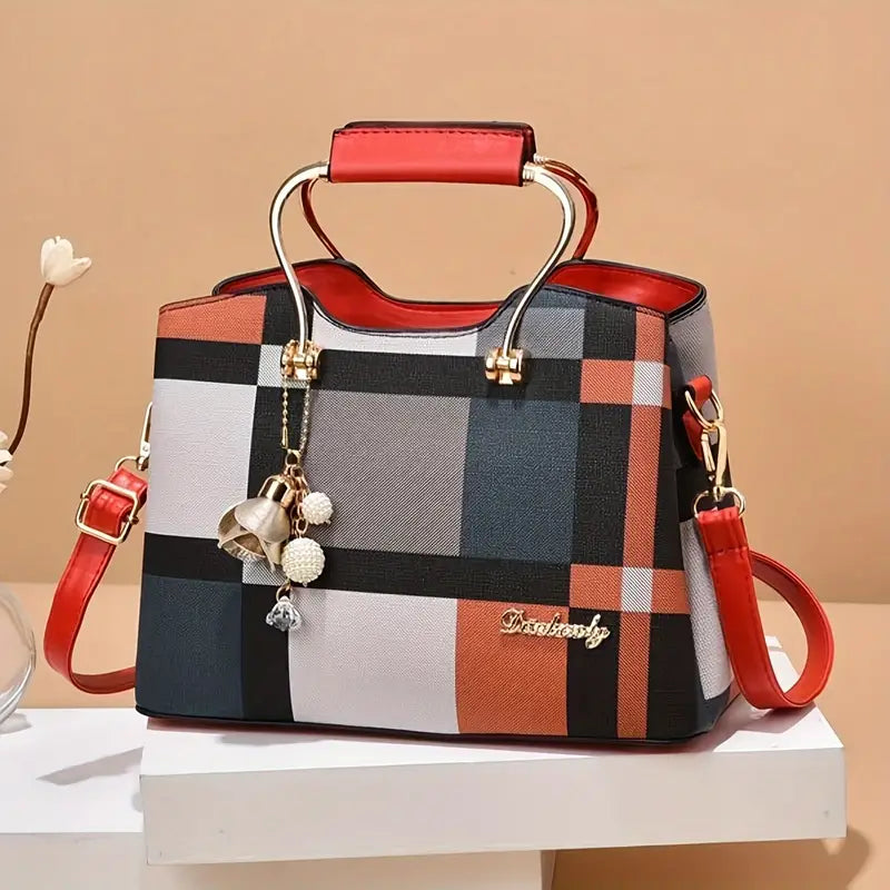 Bolsa feminina com estampa xadrez, bolsa crossbody com alça superior moderna