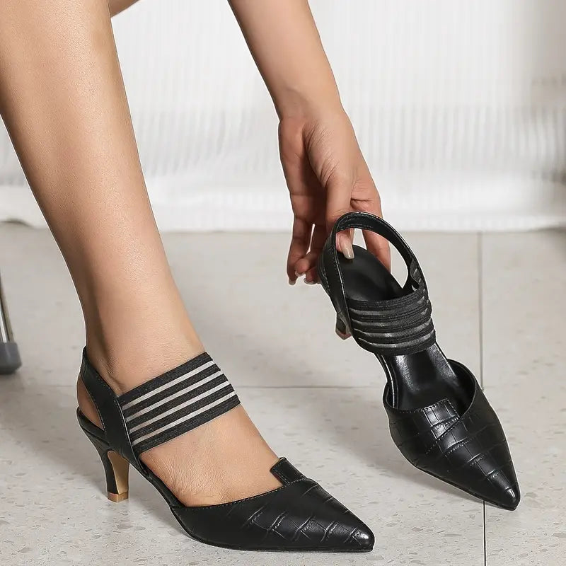 Sapatos elegantes e versáteis com estampa de crocodilo, saltos modernos de couro sintético com bico fino e cor sólida,