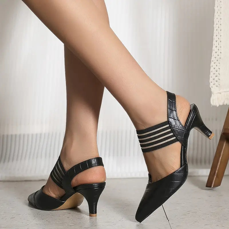 Sapatos elegantes e versáteis com estampa de crocodilo, saltos modernos de couro sintético com bico fino e cor sólida,