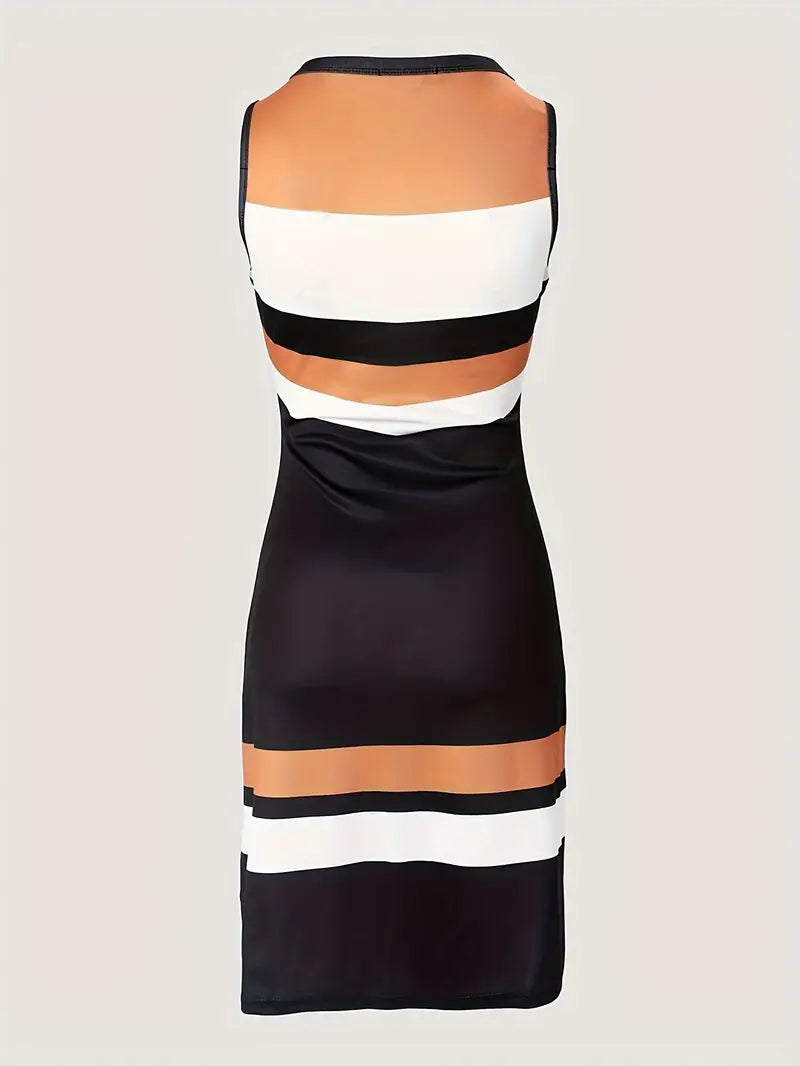 Vestido regata listrado em bloco colorido, vestido casual de verão sem mangas