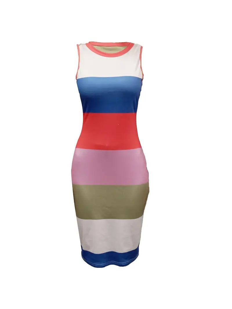 Vestido regata listrado em bloco colorido, vestido casual de verão sem mangas
