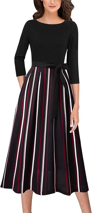 Vestido midi elegante para mulher com bolsos, cinto, trabalho, negócios, escritório, casual, festa, plissado