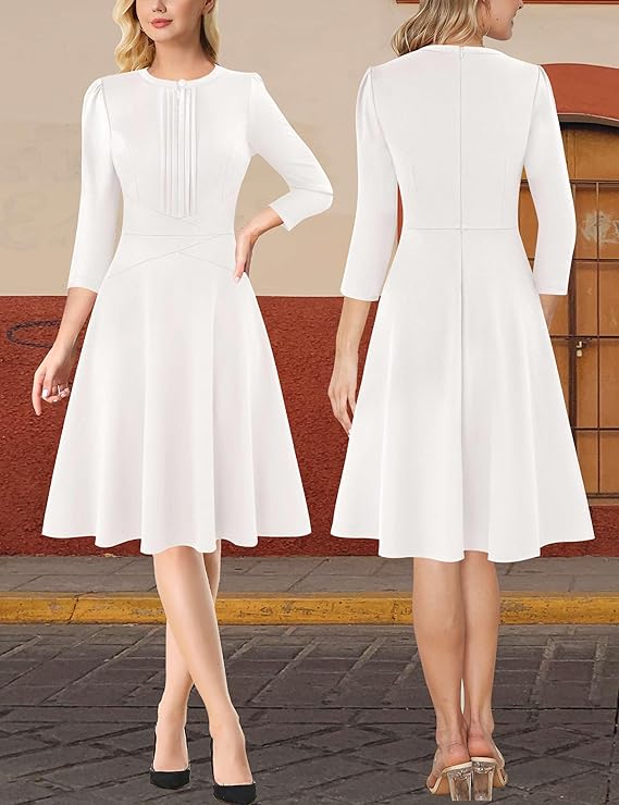 Vestido plissado para mulher com decote redondo e fecho frontal, trabalho, escritório, negócios