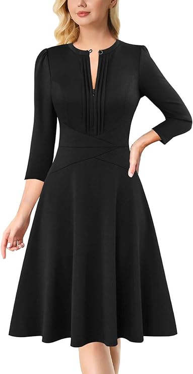 Vestido plissado para mulher com decote redondo e fecho frontal, trabalho, escritório, negócios