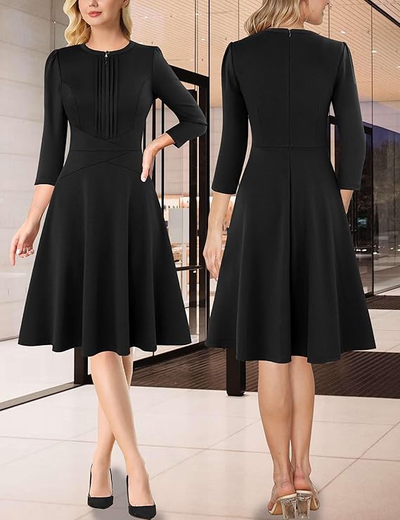 Vestido plissado para mulher com decote redondo e fecho frontal, trabalho, escritório, negócios