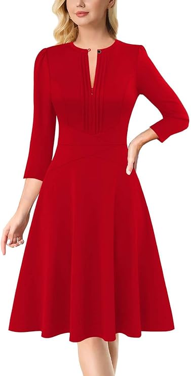 Vestido plissado para mulher com decote redondo e fecho frontal, trabalho, escritório, negócios