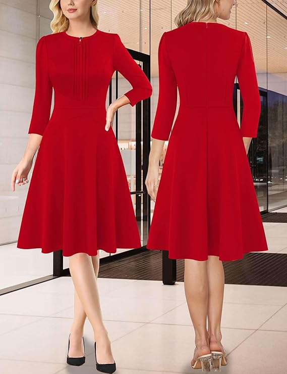 Vestido plissado para mulher com decote redondo e fecho frontal, trabalho, escritório, negócios