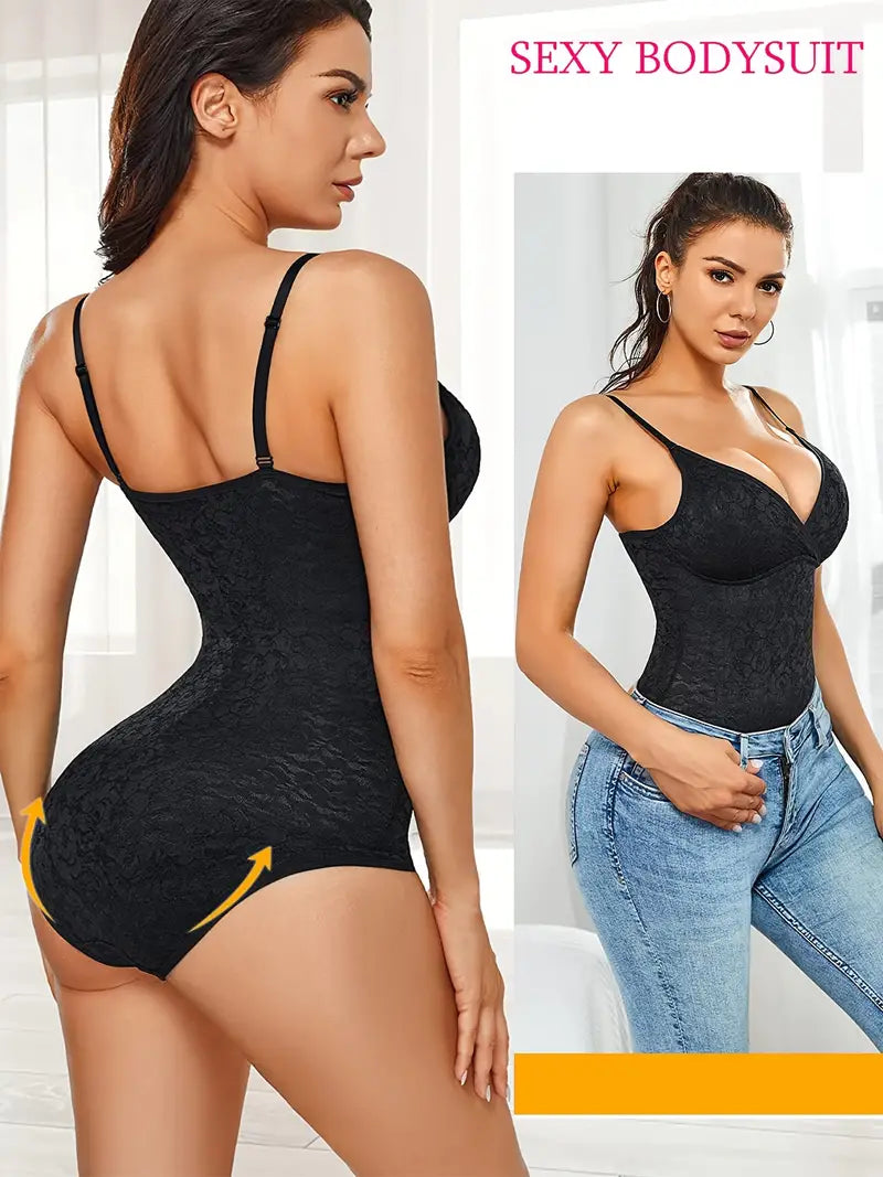 Body modelador de renda floral, modelador de corpo sem costas em V profundo