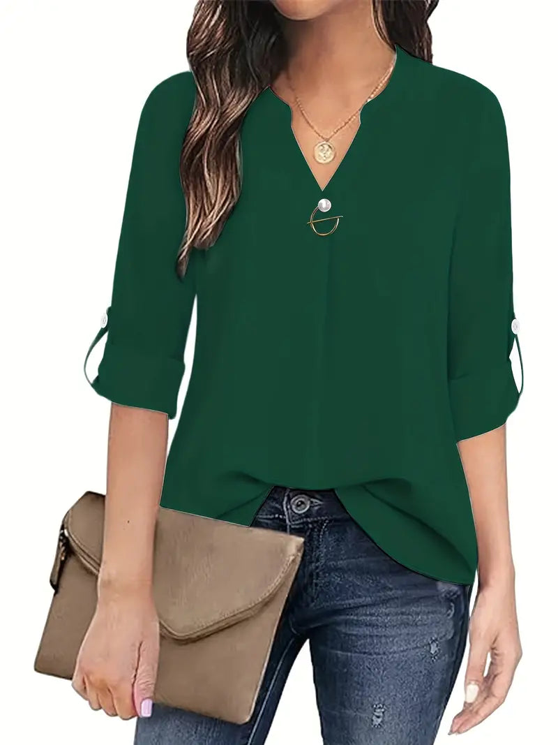 Blusa simples sólida, blusa casual com decote em V manga comprida