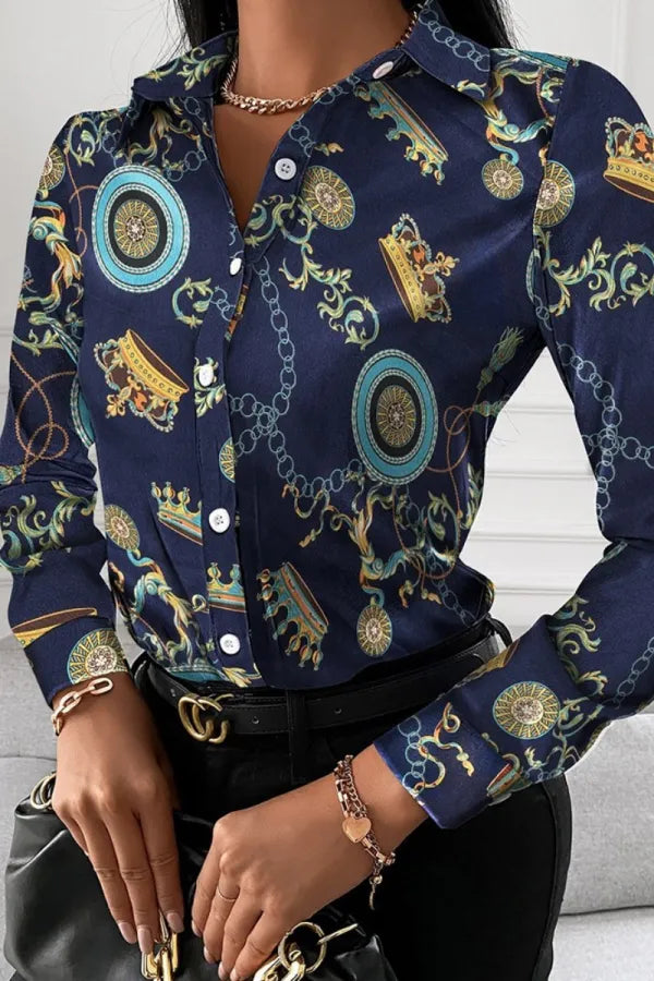 Camisa da moda estampada patchwork com gola aberta