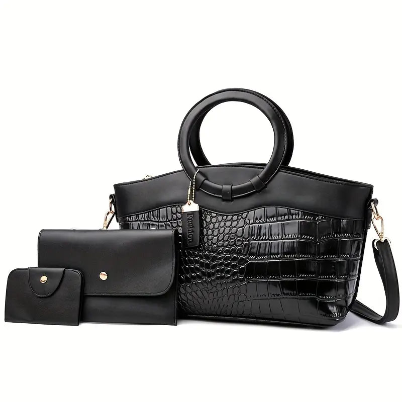 Conjunto de 3 peças de bolsa feminina com estampa de crocodilo, couro pu, cor sólida, bolsa clássica com alça superior