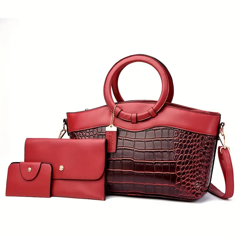 Conjunto de 3 peças de bolsa feminina com estampa de crocodilo, couro pu, cor sólida, bolsa clássica com alça superior