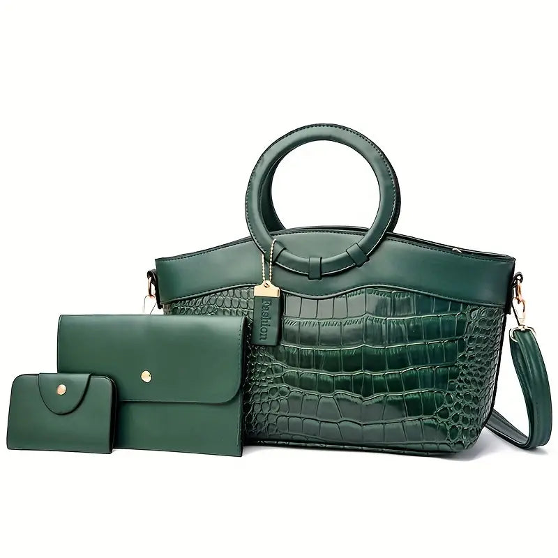 Conjunto de 3 peças de bolsa feminina com estampa de crocodilo, couro pu, cor sólida, bolsa clássica com alça superior