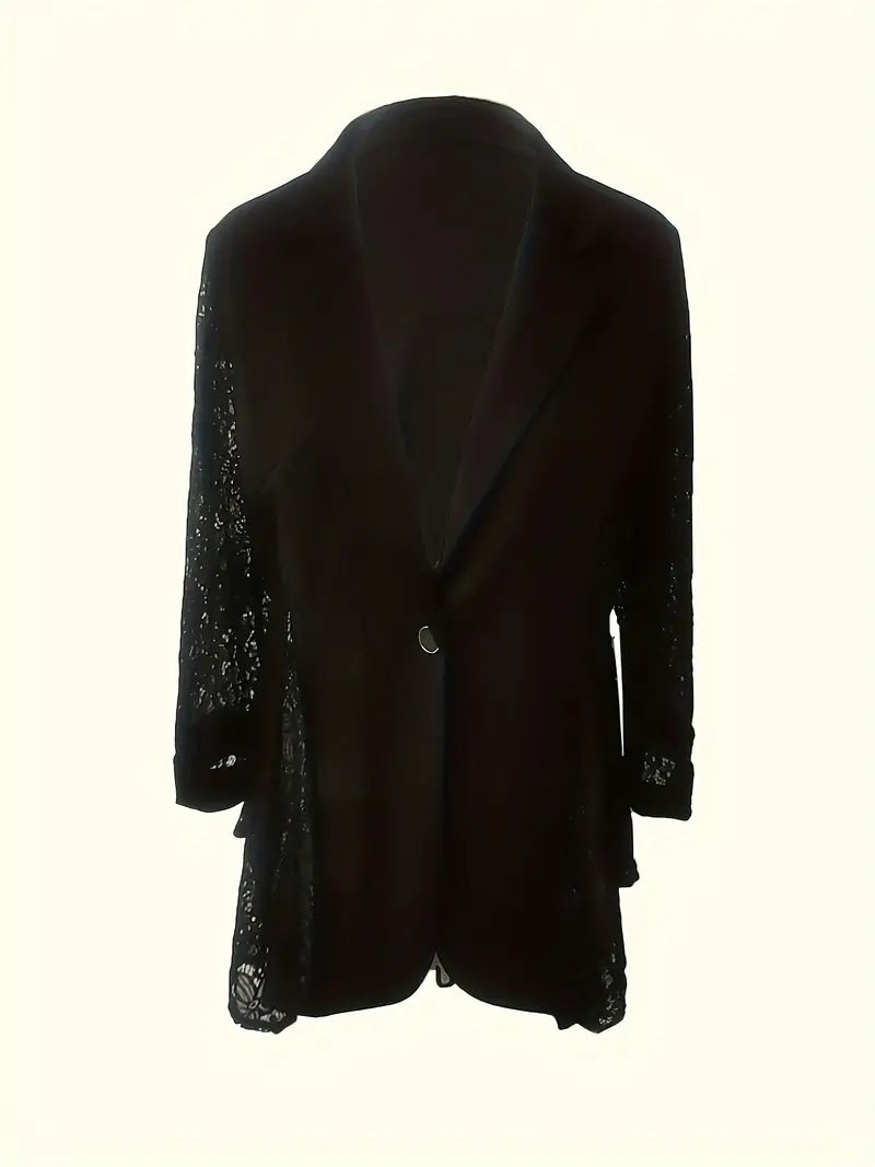 Blazer chique de cor sólida com detalhe de renda – gola de lapela elegante, fecho de botão único