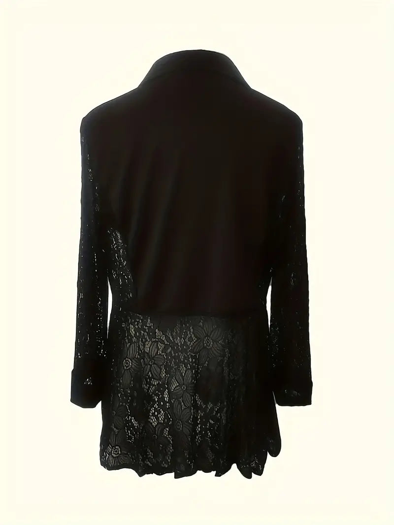 Blazer chique de cor sólida com detalhe de renda – gola de lapela elegante, fecho de botão único