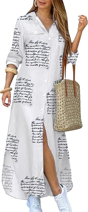 Vestido de camisa com estampa de moda e fenda na gola virada para baixo