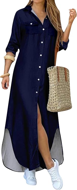 Vestido de camisa com estampa de moda e fenda na gola virada para baixo