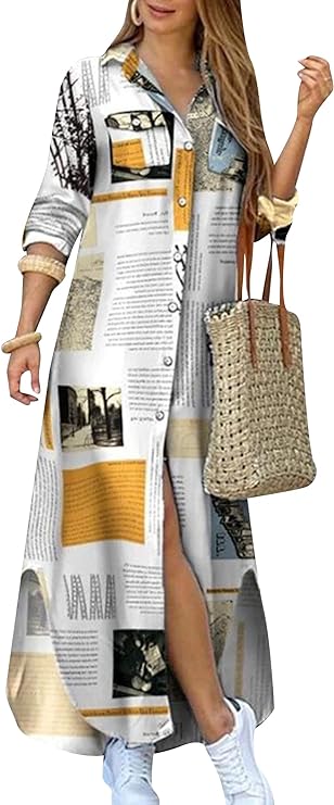 Vestido de camisa com estampa de moda e fenda na gola virada para baixo