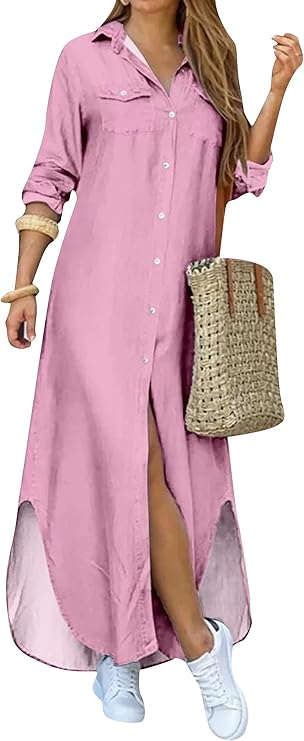 Vestido de camisa com estampa de moda e fenda na gola virada para baixo