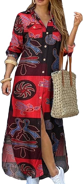 Vestido de camisa com estampa de moda e fenda na gola virada para baixo