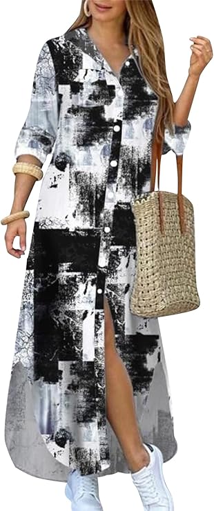 Vestido de camisa com estampa de moda e fenda na gola virada para baixo