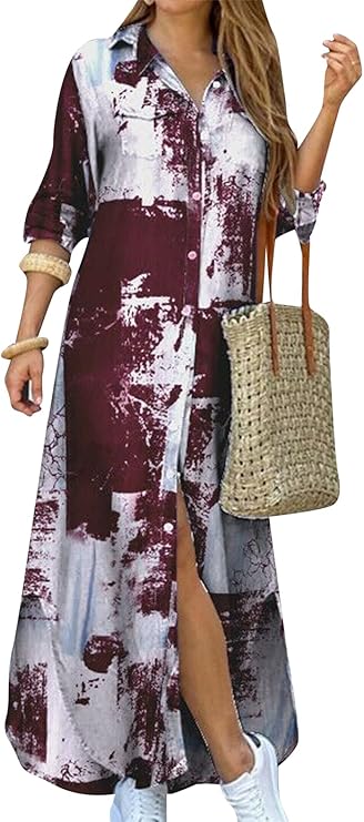 Vestido de camisa com estampa de moda e fenda na gola virada para baixo