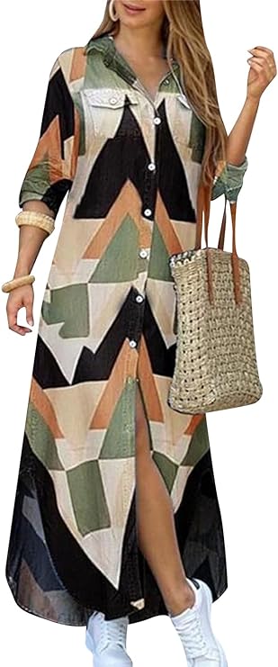 Vestido de camisa com estampa de moda e fenda na gola virada para baixo