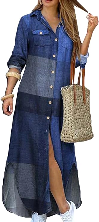 Vestido de camisa com estampa de moda e fenda na gola virada para baixo