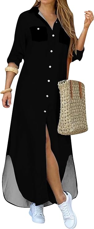Vestido de camisa com estampa de moda e fenda na gola virada para baixo