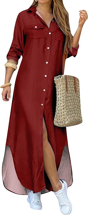 Vestido de camisa com estampa de moda e fenda na gola virada para baixo