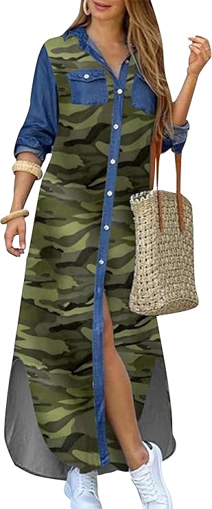 Vestido de camisa com estampa de moda e fenda na gola virada para baixo
