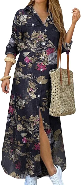 Vestido de camisa com estampa de moda e fenda na gola virada para baixo