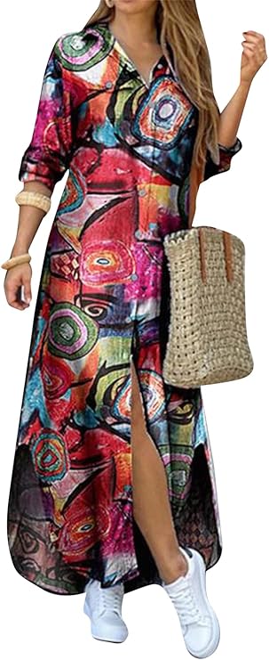 Vestido de camisa com estampa de moda e fenda na gola virada para baixo