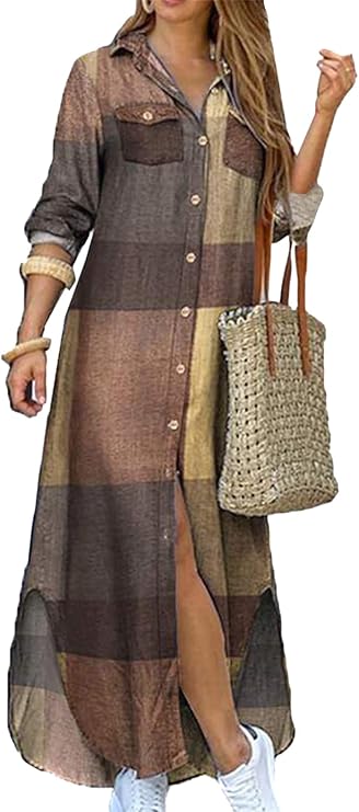 Vestido de camisa com estampa de moda e fenda na gola virada para baixo
