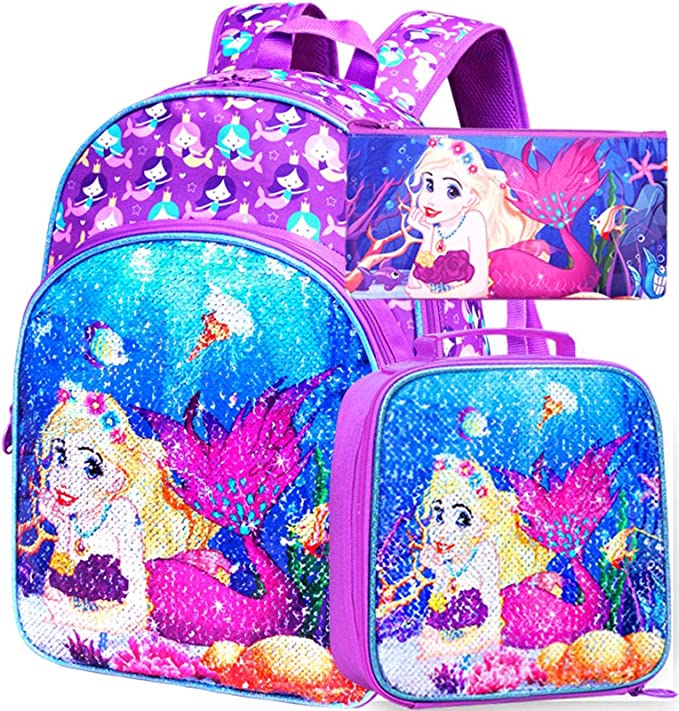 Conjunto 3 peças de mochilas escolares com kits de lanche e material