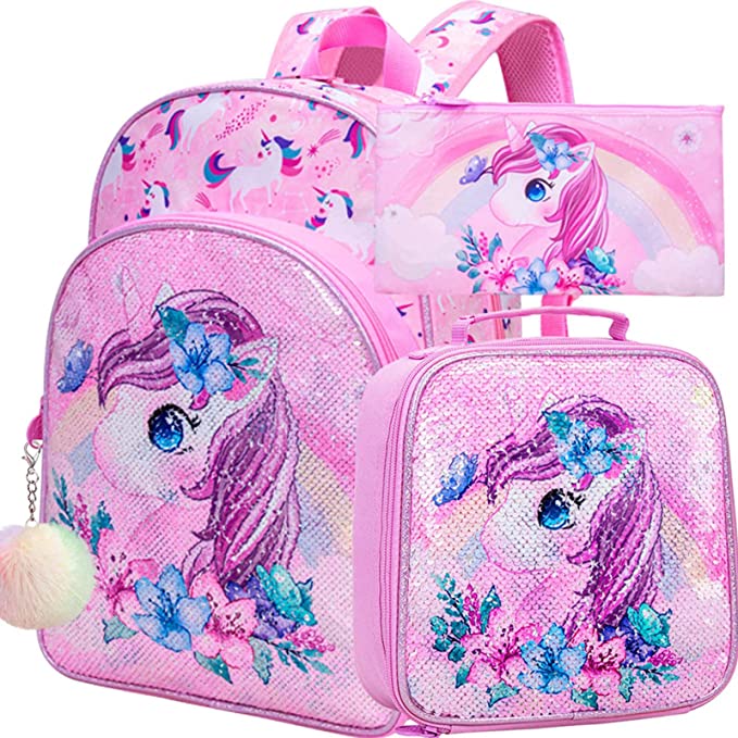 Conjunto 3 peças de mochilas escolares com kits de lanche e material