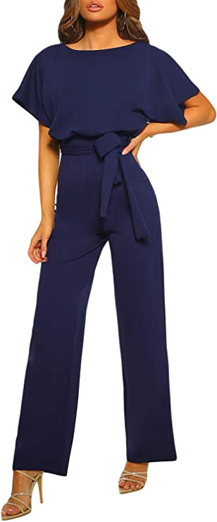 Macacão casual solto manga morcego gola redonda calça comprida com cinto Pernas largas