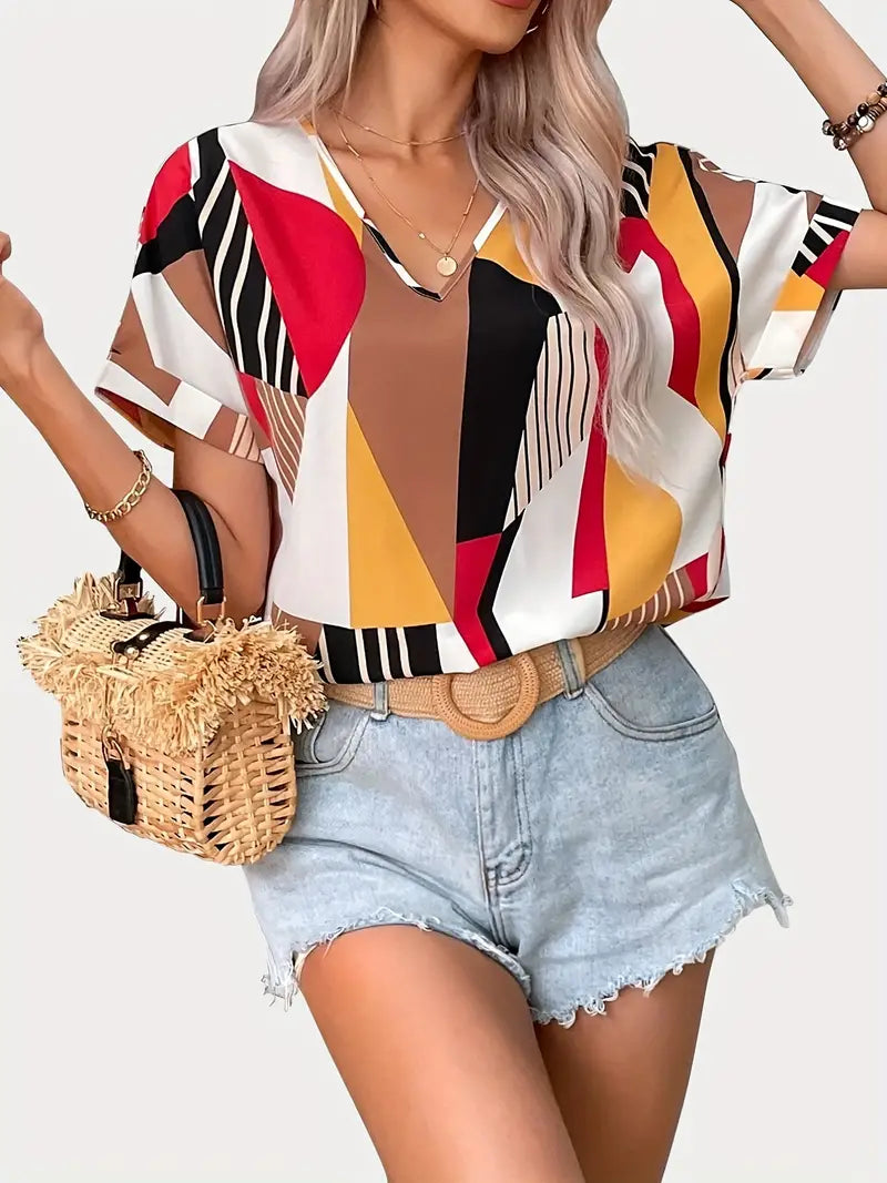 Blusa com decote em V com estampa abstrata