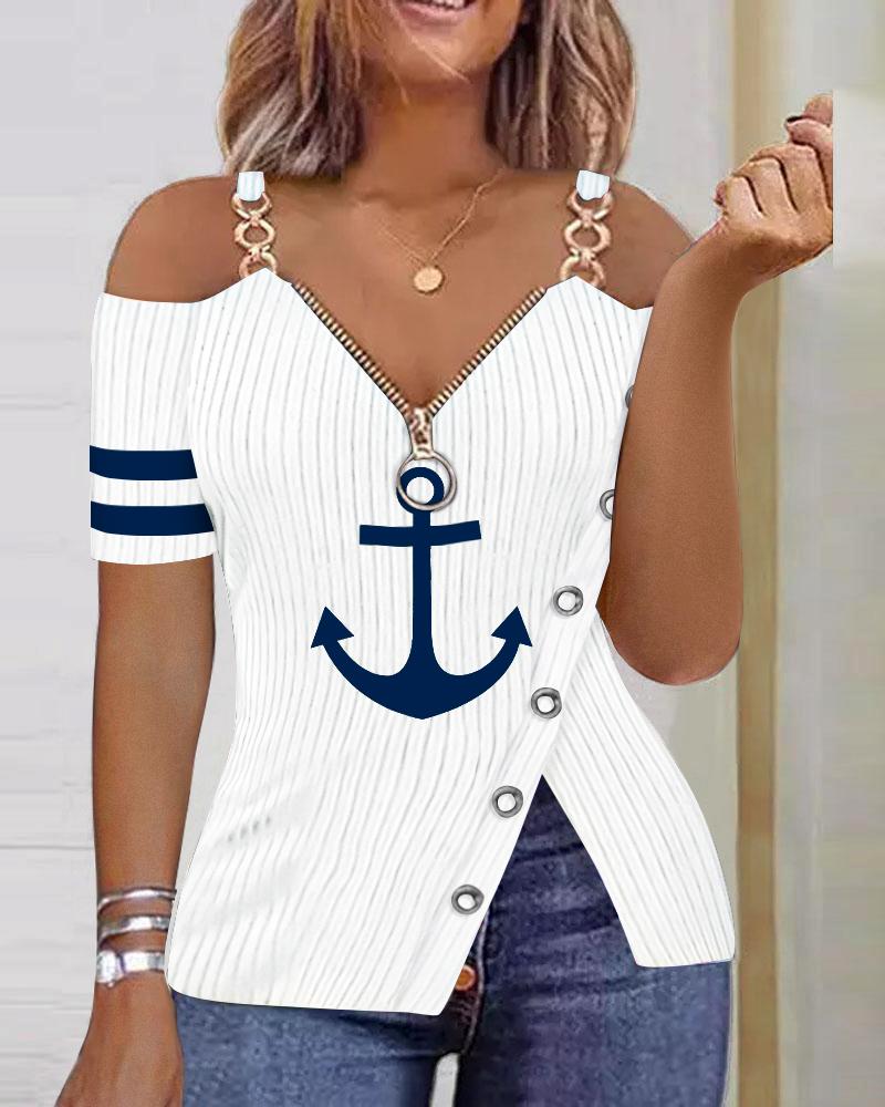Camiseta de ombro frio com estampa de âncora