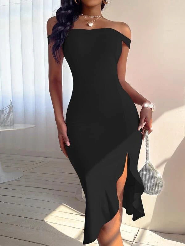 Vestido justo colado na coxa com babados