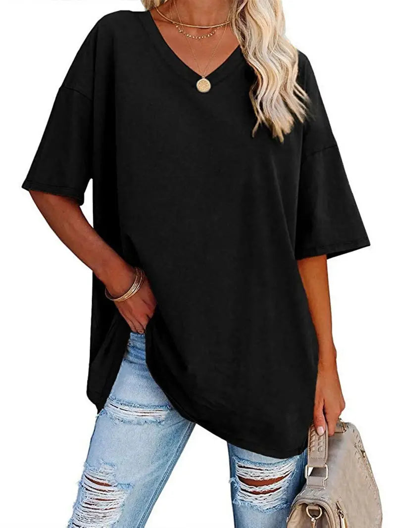 Camisetas básicas soltas sólidas, camisetas casuais de manga curta com decote em V