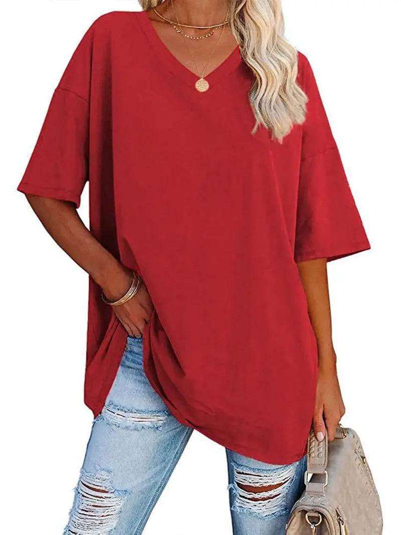 Camisetas básicas soltas sólidas, camisetas casuais de manga curta com decote em V