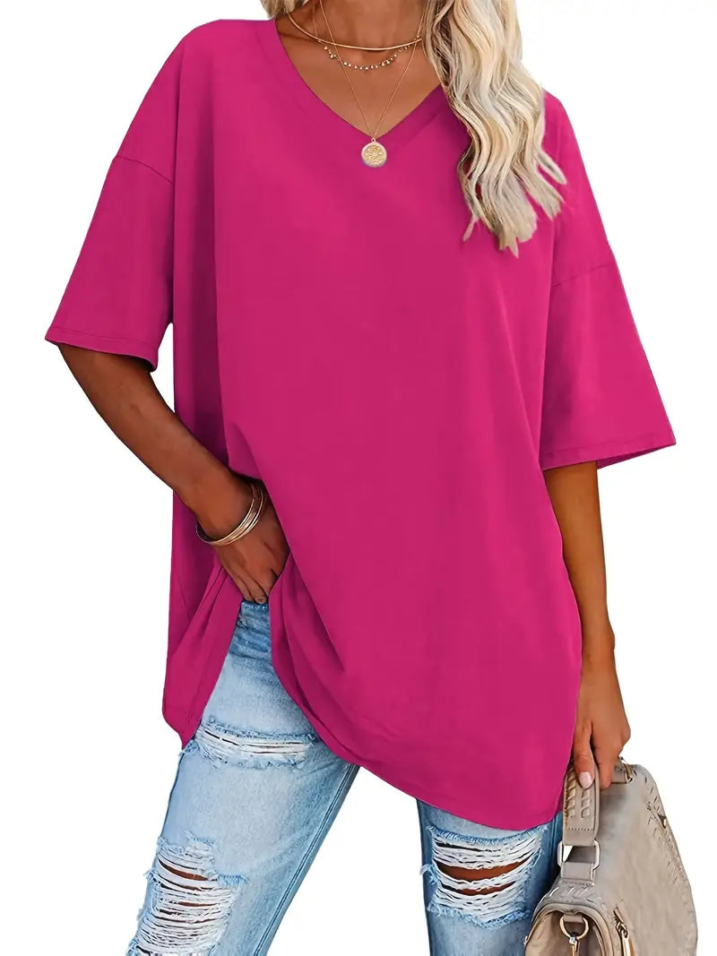 Camisetas básicas soltas sólidas, camisetas casuais de manga curta com decote em V