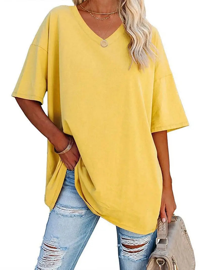 Camisetas básicas soltas sólidas, camisetas casuais de manga curta com decote em V
