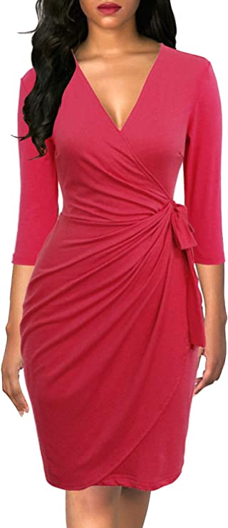 Vestido Vintage Decote em V Bainha Casual Trabalho