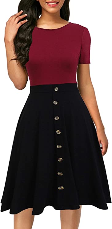 Vestido de Manga Curta Colorblock Abotoado