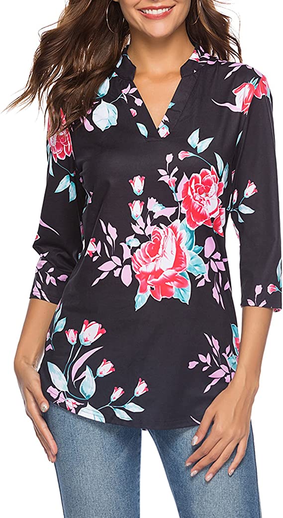 Blusa túnica feminina casual manga com decote em V camisa solta