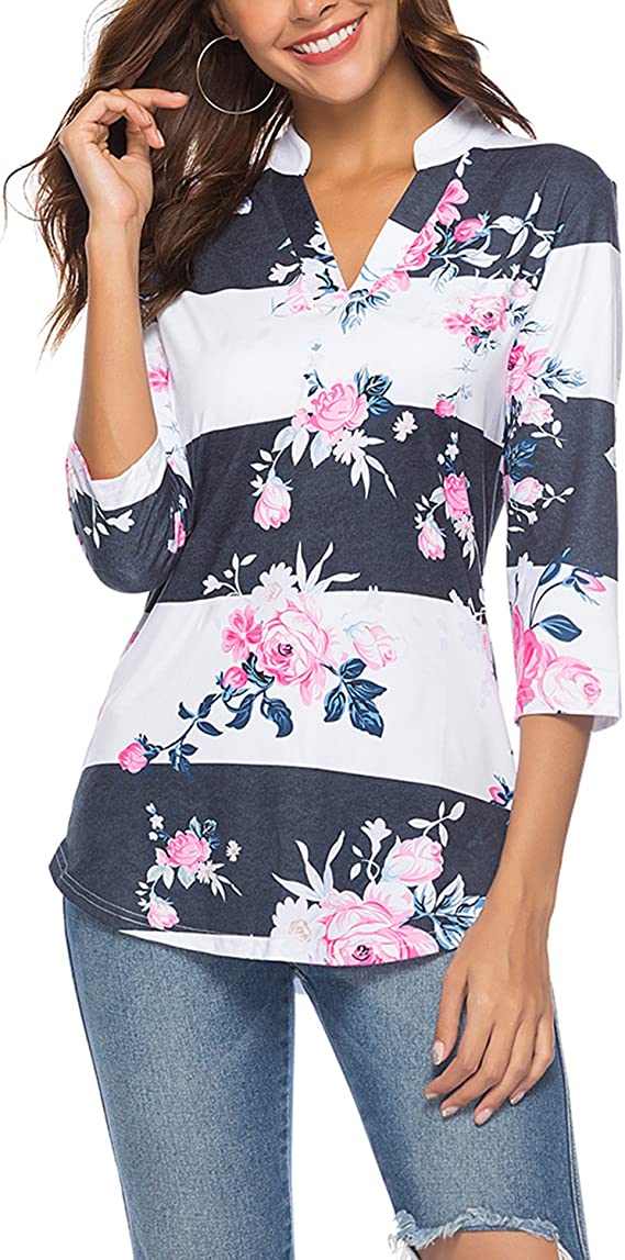 Blusa túnica feminina casual manga com decote em V camisa solta