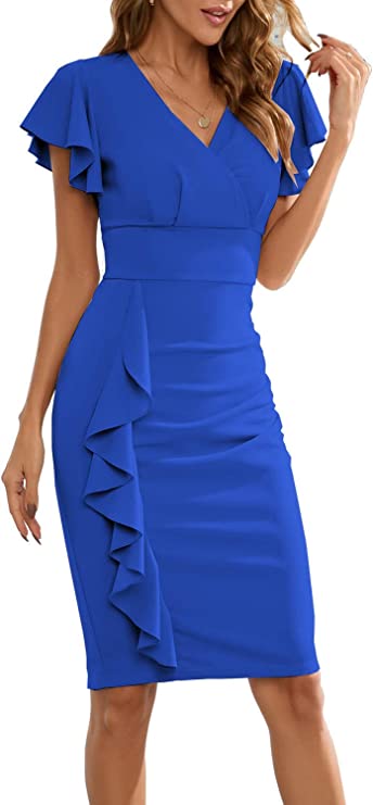 Vestido decote em v com mangas e babados