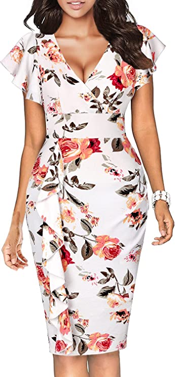 Vestido decote em v com mangas e babados